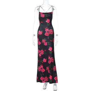 Flower print lace up backless maxi dress