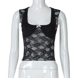 Square neck bowknot lace tank top