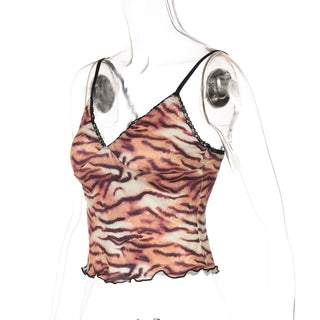 V neck tiger print ruffle cami top
