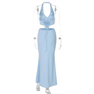 Halter v neck hollow out lace up cut out maxi dress