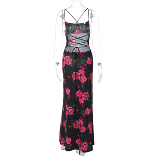 Flower print lace up backless maxi dress