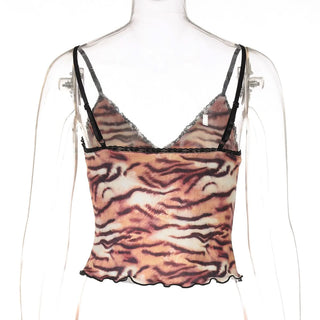 V neck tiger print ruffle cami top