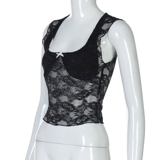 Square neck bowknot lace tank top
