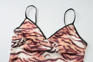 V neck tiger print ruffle cami top