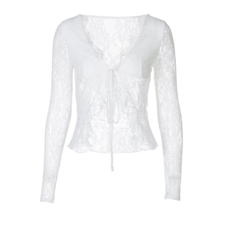 V neck long sleeve lace self tie top