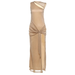 Crewneck hollow out glitter slit cut out maxi dress