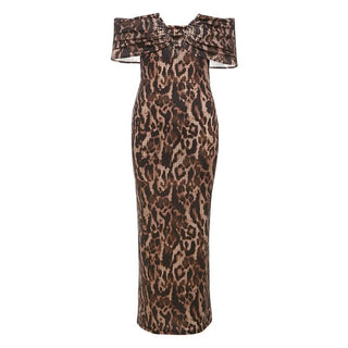 Leopard print ruched off shoulder maxi dress
