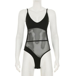 V neck mesh patchwork cami bodysuit