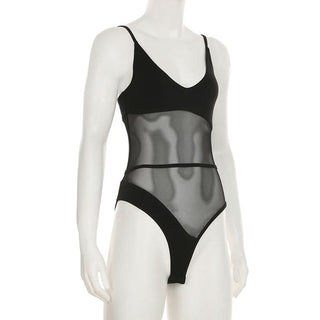 V neck mesh patchwork cami bodysuit
