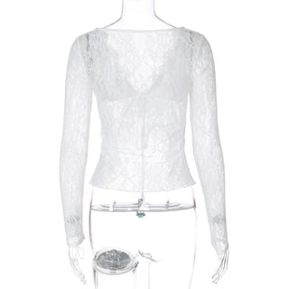 V neck long sleeve lace self tie top