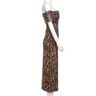Leopard print ruched off shoulder maxi dress