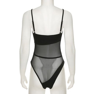V neck mesh patchwork cami bodysuit