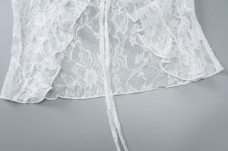 V neck long sleeve lace self tie top