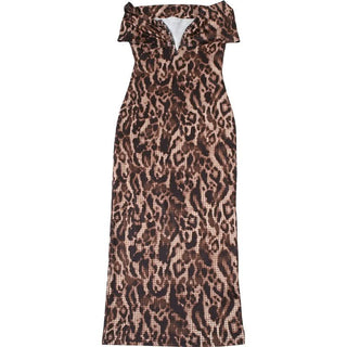 Leopard print ruched off shoulder maxi dress