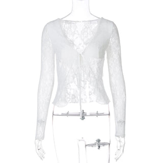 V neck long sleeve lace self tie top