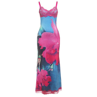 V neck lace hem flower print cami maxi dress