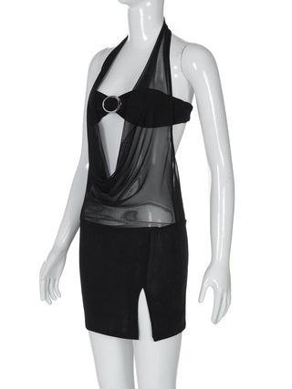 Halter mesh patchwork slit mini dress