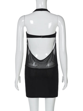 Halter mesh patchwork slit mini dress