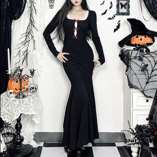 Long sleeve bowknot hollow out lace hem cut out maxi dress