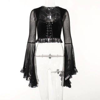 Long flared sleeve lace up ruffle top