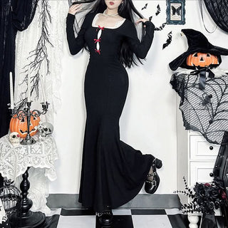 Long sleeve bowknot hollow out lace hem cut out maxi dress