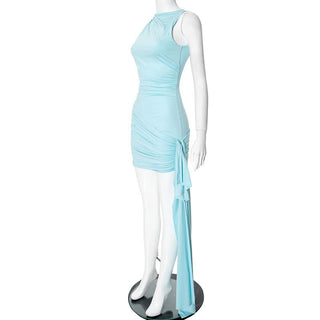 Sleeveless solid ruched knotted mini dress