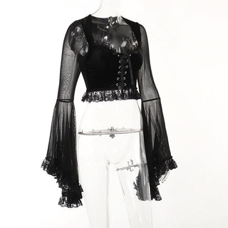 Long flared sleeve lace up ruffle top