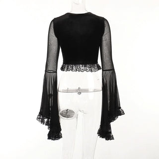 Long flared sleeve lace up ruffle top