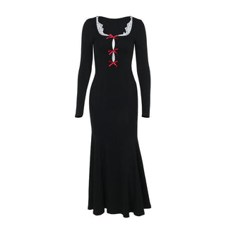 Long sleeve bowknot hollow out lace hem cut out maxi dress