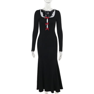 Long sleeve bowknot hollow out lace hem cut out maxi dress
