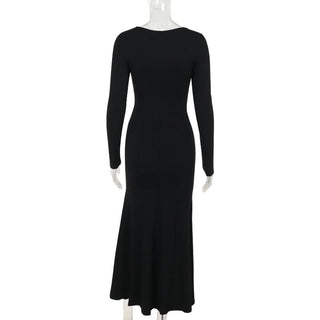 Long sleeve bowknot hollow out lace hem cut out maxi dress