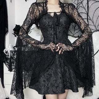 Long flared sleeve lace self tie shrug top