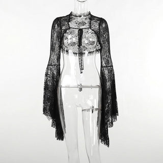 Long flared sleeve lace self tie shrug top