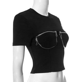 Short sleeve crewneck zip-up top