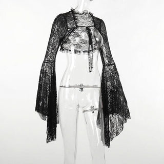 Long flared sleeve lace self tie shrug top