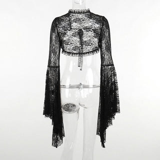 Long flared sleeve lace self tie shrug top