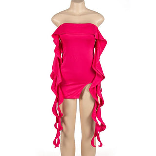 Off shoulder ruffle slit mini dress