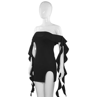 Off shoulder ruffle slit mini dress