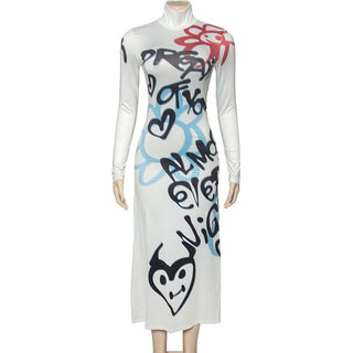 Long sleeve high neck graffiti print maxi dress