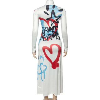 Long sleeve high neck graffiti print maxi dress