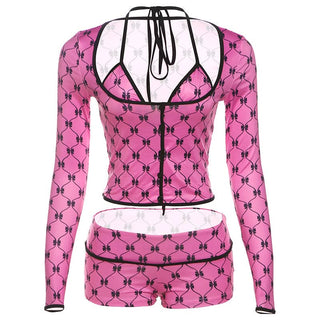 Long sleeve halter print 3 piece short pant set