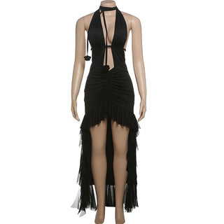 Halter hollow out ruched mesh ruffle backless cut out maxi dress