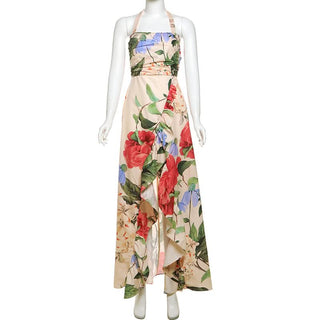 Halter flower print ruffle slit maxi dress