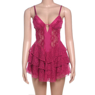 V neck lace ruffle cami mini dress