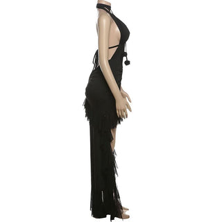 Halter hollow out ruched mesh ruffle backless cut out maxi dress
