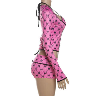 Long sleeve halter print 3 piece short pant set
