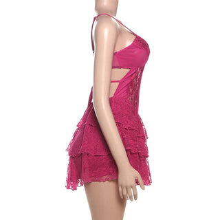 V neck lace ruffle cami mini dress