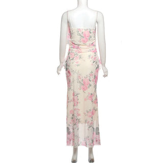 Flower print mesh ruffle cami maxi dress