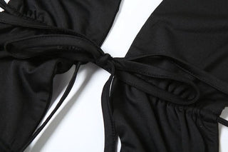 Halter hollow out ruched mesh ruffle backless cut out maxi dress