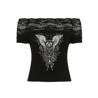 Off shoulder lace patchwork abstract top